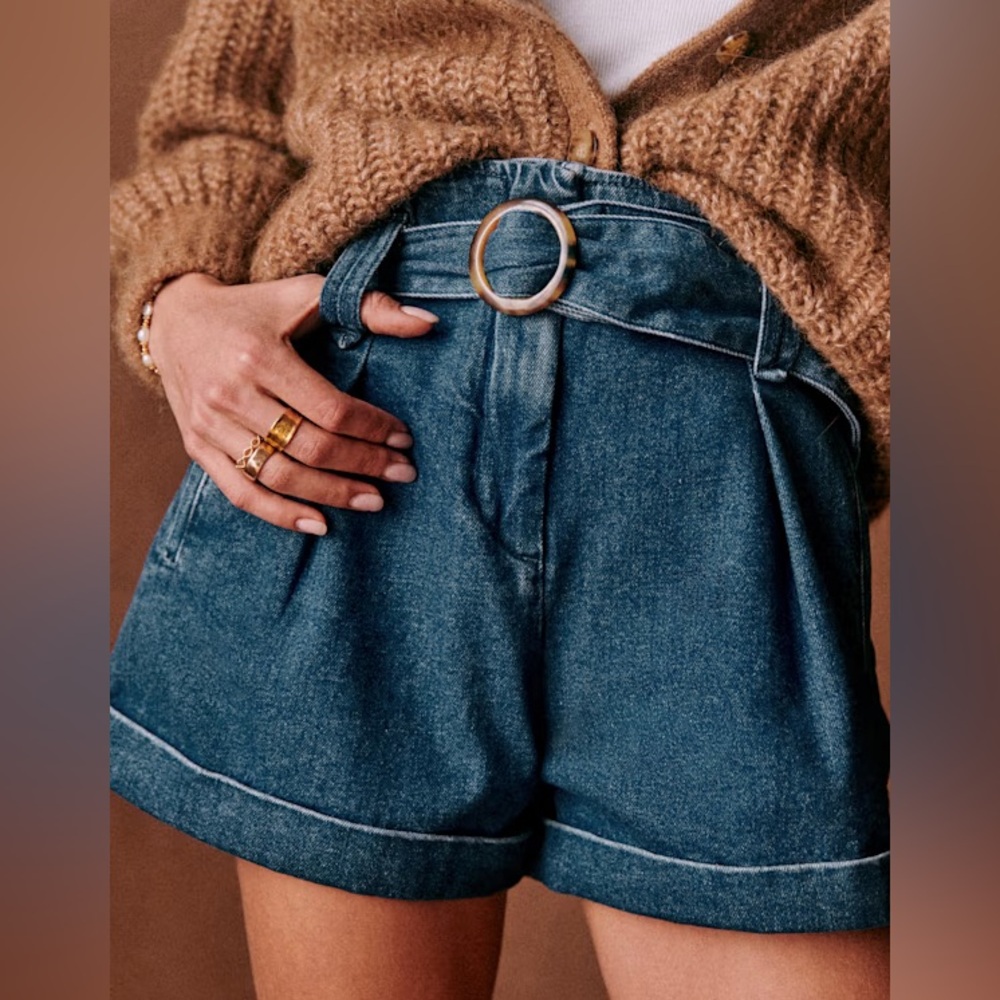 Sezane Denim Blue High-Waist Paperbag Shorts